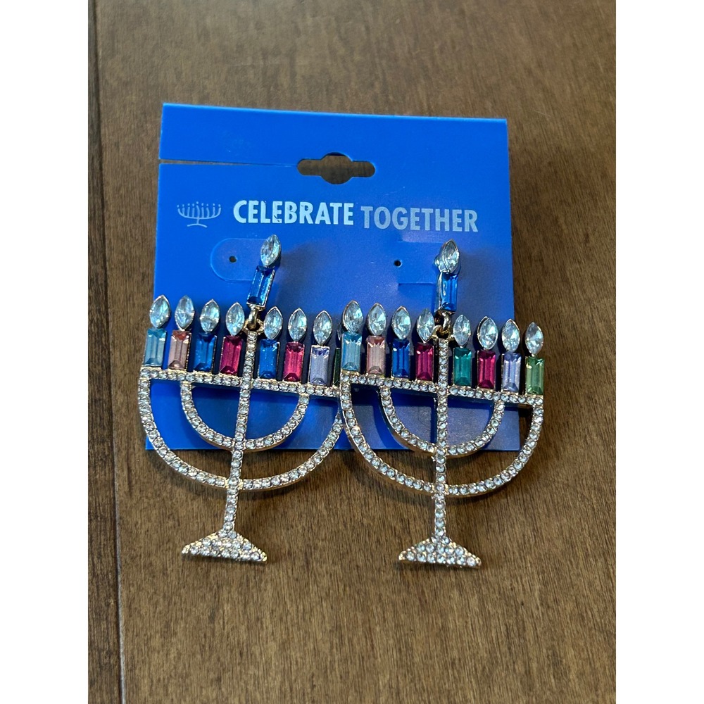 Celebrate Together Hanukkah Menorah Rhinestone Drop Earrings Gold Tone Multi
